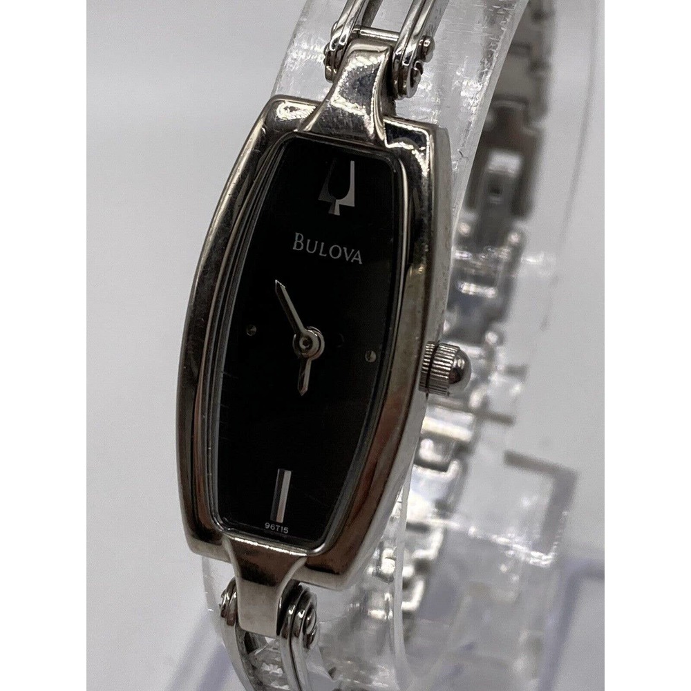 Bulova 96T15 Ladies Silver Tone Black Dial Floating Zirconia Watch New Batt
